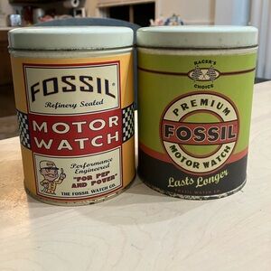 Set of 2 Vintage Fossil Watch Tin Cases